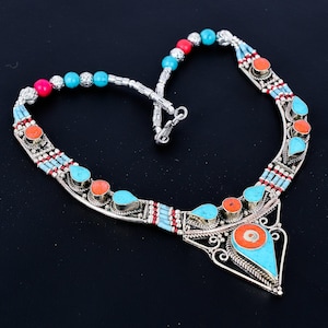 Red Coral Turquoise Tibetan Silver Necklace: Handmade Bohemian Tribal Jewelry