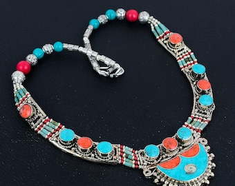 Handmade Turquoise & Coral Tibetan Silver Necklace: Nepali Tribal Jewelry