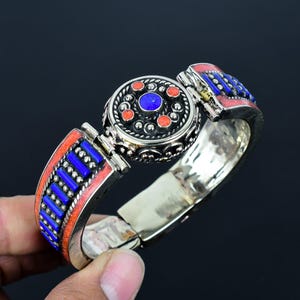 Lapis lazuli Cuff Red Coral Cuff Tibetan Silver Bracelet Cuff Handmade Bangle Vintage Look Nepali Jewelry Nepalese Cuff Special Gift For Her