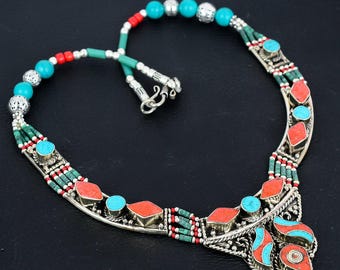 Turquoise & Red Coral Necklace: Handmade Tibetan Silver Bohemian Jewelry