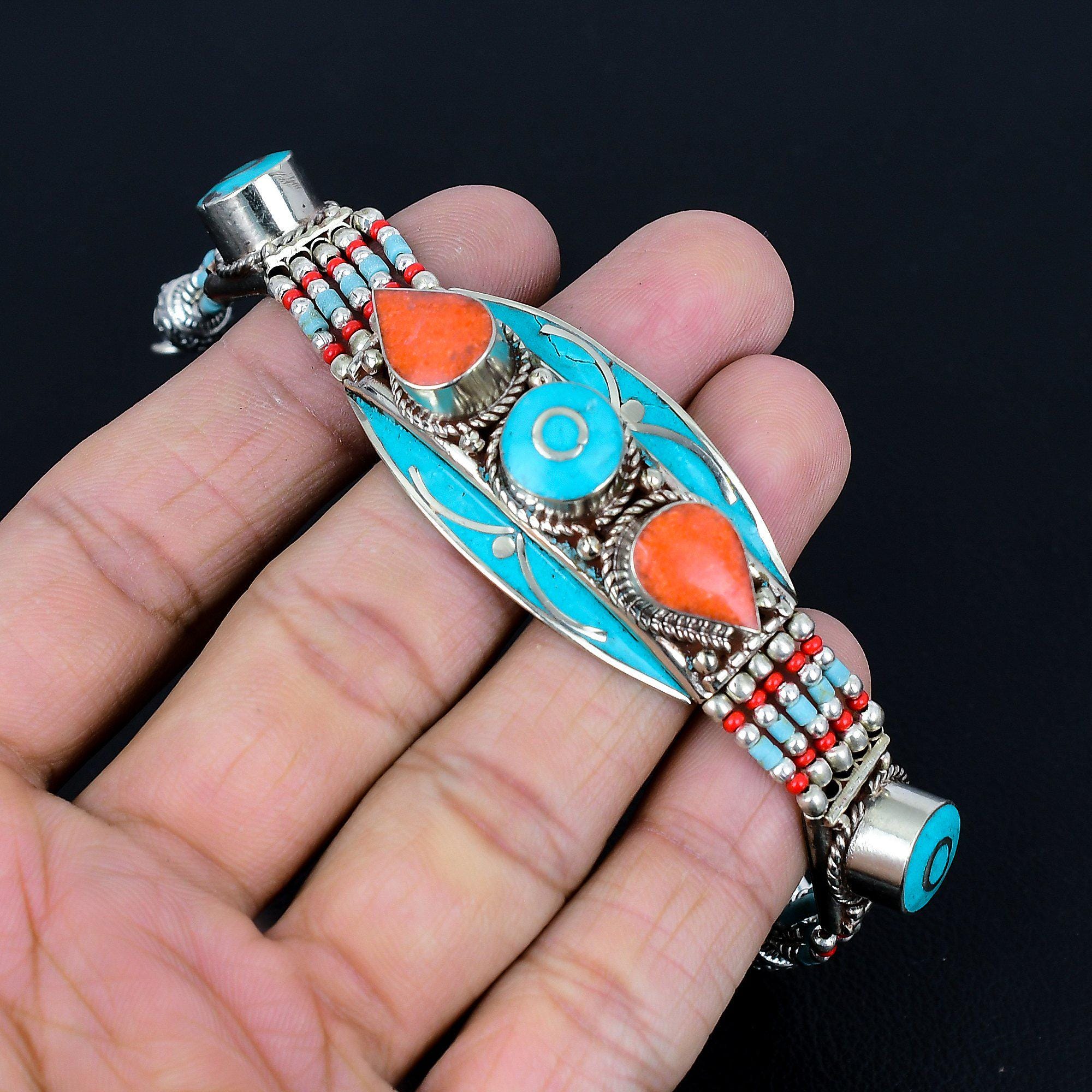 Bracelet Ancien Tibétain Corail Rouge Et Turquoise Argenté - Bijou Népalais Artisanal, 7 Pouces