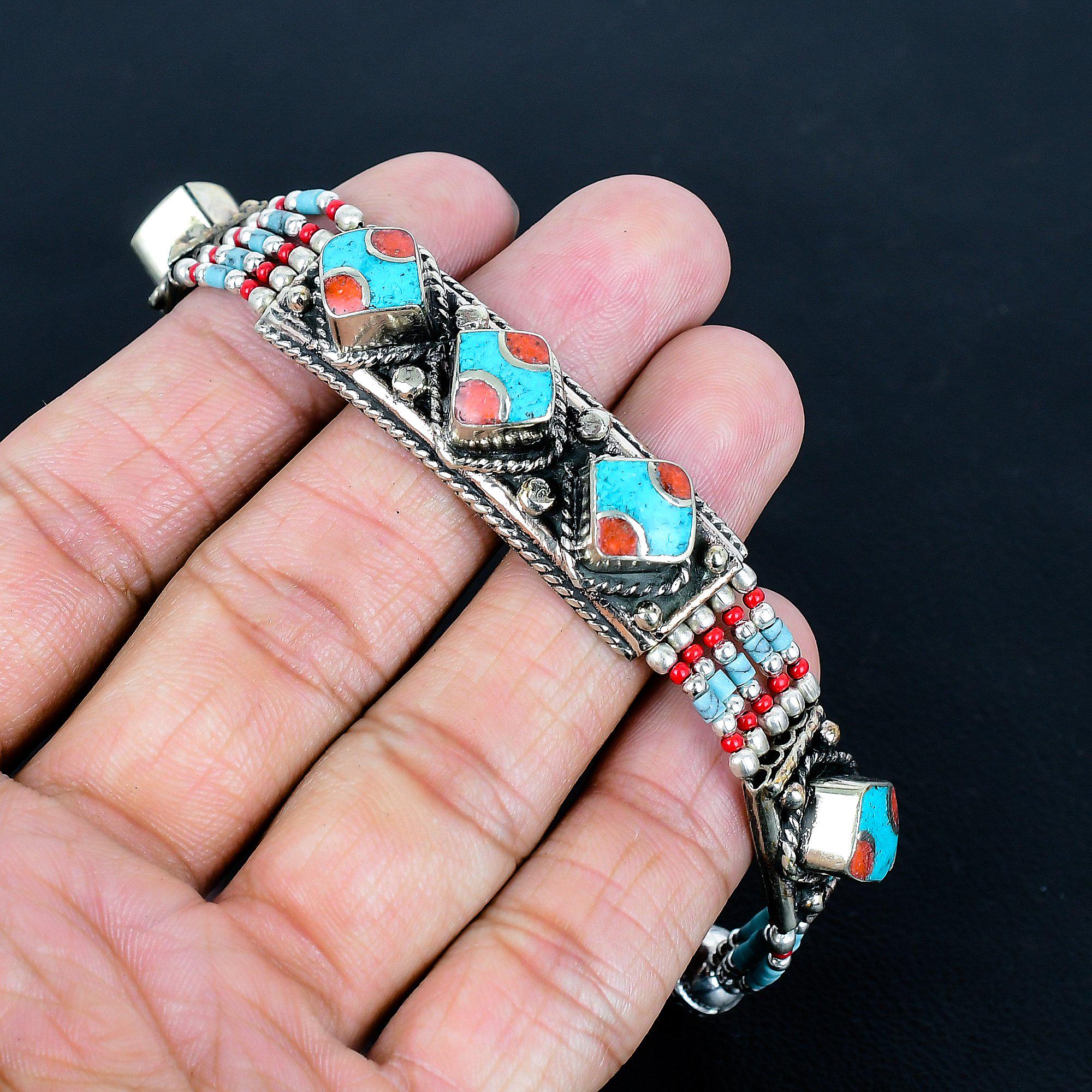 Bracelet Népalais/tibétain En Argent Sterling 925 - Corail Rouge Et Turquoise - Fait Main En Inde - Poids 230 Carats