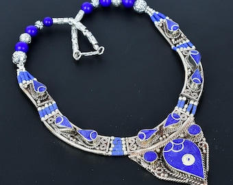 Lapis Lazuli Tibet Silber Halskette: Handgemachter Stammes-Schmuck