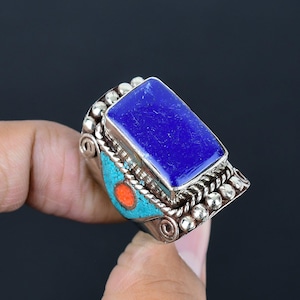 Tibetan Silver Ring: Lapis Lazuli, Coral & Turquoise - Handmade