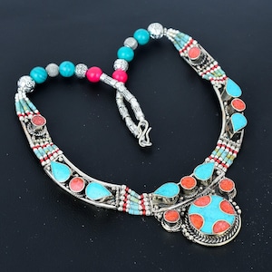 Turquoise Necklace Red Coral Necklace Tibetan Silver Necklace Handmade Jewelry Nepali Bohemian Necklace Amazing Jewelry Wedding Gift For Her