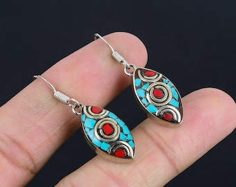Handmade Tibetan Silver Dangle Earrings: Coral & Turquoise