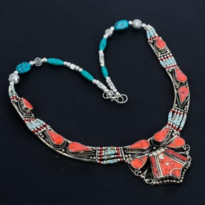 Red Coral Necklace Turquoise Necklace Tibetan Silver Necklace Handmade Baho Necklace Tibetan Tribal Jewelry Bohemian Necklace Gifts For Wife