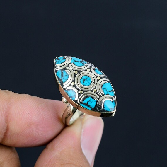 Bague Réglable Népalaise Faite Main - Corail Rouge & Turquoise - Cadeau Éthnique