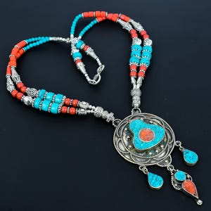 Handmade Coral Turquoise Tibetan Silver Necklace: Afghani Tribal Jewelry