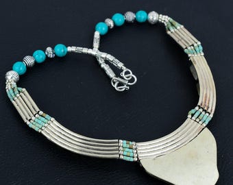 Collier Tibétain En Argent Sterling 925 Avec Turquoise - Fait Main Népal, 18 Pouces, Neuf Bohème