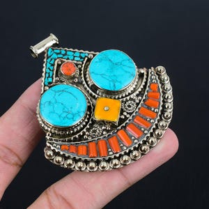 Turquoise Pendant Coral Pendant Tibetan Silver Pendant Handmade Ethnic Jewelry Tibetan Vintage Look Pendant Nepalese Jewelry Gift For Sister