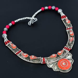 Red Coral Necklace Tibetan Silver Necklace Handmade Traditional Jewellery Unique Design Nepali Necklace Tibetan Beads Jewellery Gift For Her