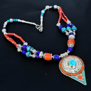 Turquoise & Red Coral Beaded Necklace: Tibetan Silver, Boho Banjara Jewelry