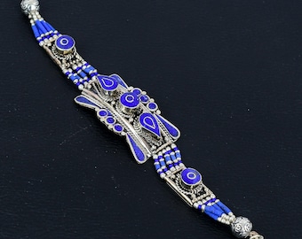 Bracelet En Argent 925 Avec Lapis Lazuli Et Corail - Cabochons, Style Vintage XXe Siècle
