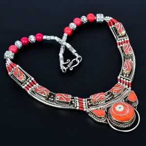 Red Coral Tibetan Silver Necklace: Handmade Bohemian Tribal Jewelry