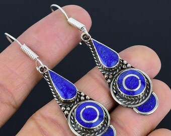 Handmade Lapis Lazuli Tibetan Silver Dangle Earrings: Boho Ethnic Jewelry