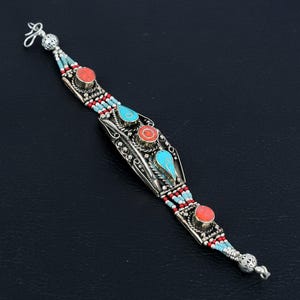 Red Coral With Turquoise Bracelet Tibetan Silver Bracelet Handmade Jewelry Antique Design Nepali Bracelet Bohemian Jewelry Best Gift For Mom