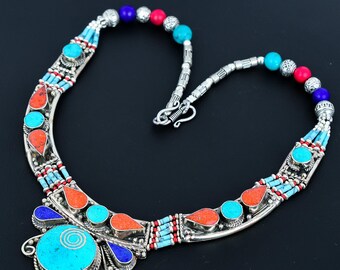 Collier Bohème En Argent 925 Avec Perles De Lapis-lazuli, Turquoise Et Corail - 18 Pouces