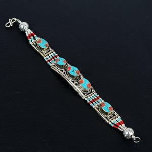 Turquoise Bracelet Red Coral Bracelet Tibetan Silver Bracelet Handmade Jewelry Unique Design Nepalese Bracelet Bohemian Jewelry Gift For Her