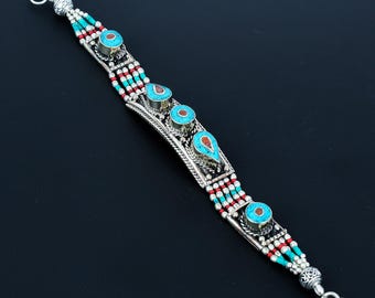 Handgefertigtes Tibetisches Silber Armband: Koralle & Türkis Boho Schmuck