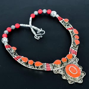 Red Coral Necklace Tibetan Silver Necklace Handmade Bohemian Necklace Tibetan Nepalese Jewelry Charm Tribal Necklace Birthday Gift For Love