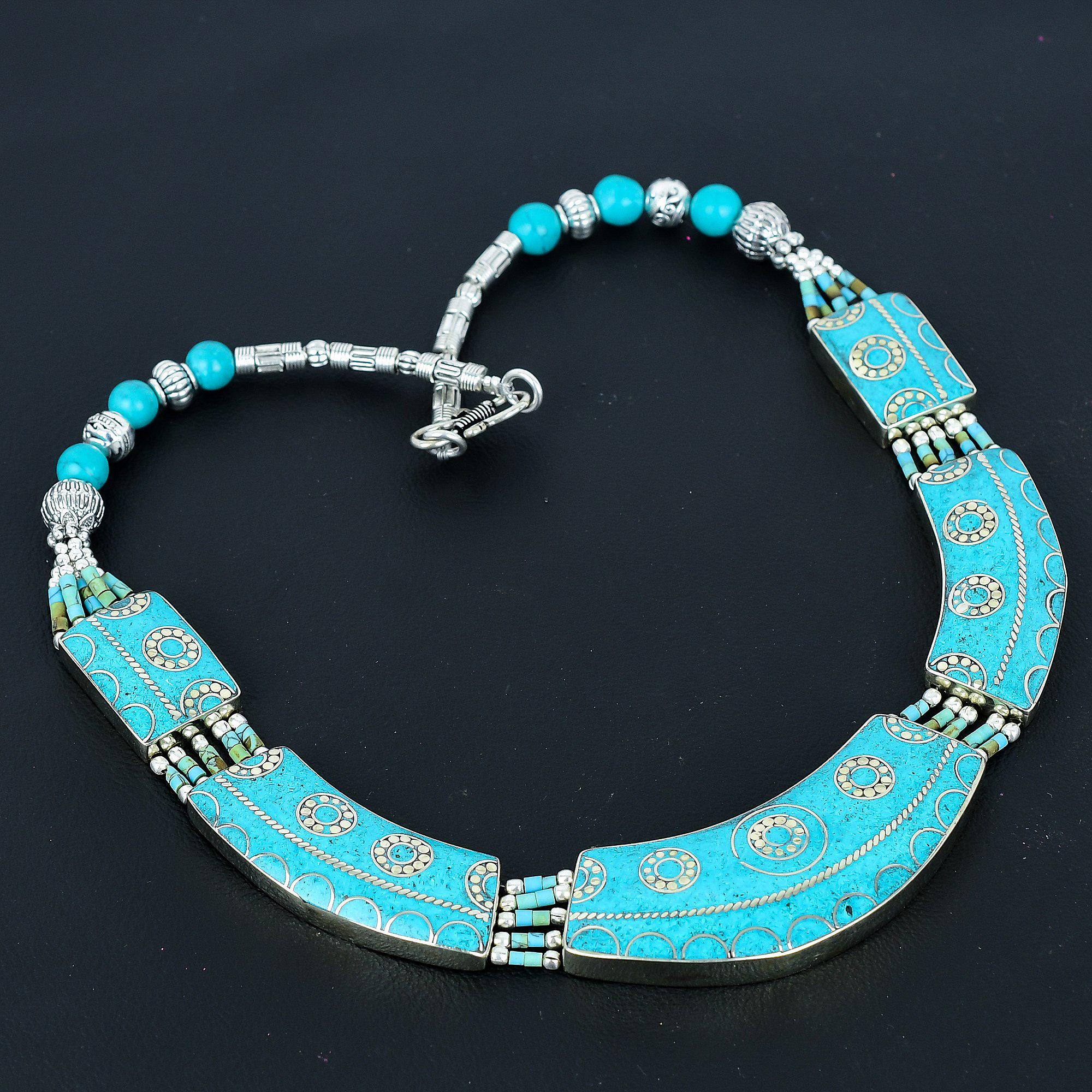 Collier Népalais En Argent Sterling 925 Avec Turquoise Naturelle – Fait Main, Style Bohème