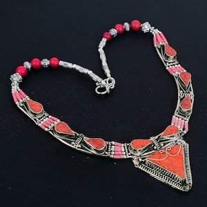Red Coral Necklace Tibetan Silver Necklace Handmade Bohemian Necklace Tibetan Nepalis Jewelry Charm Tribal Necklace Birthday Gift For Sister