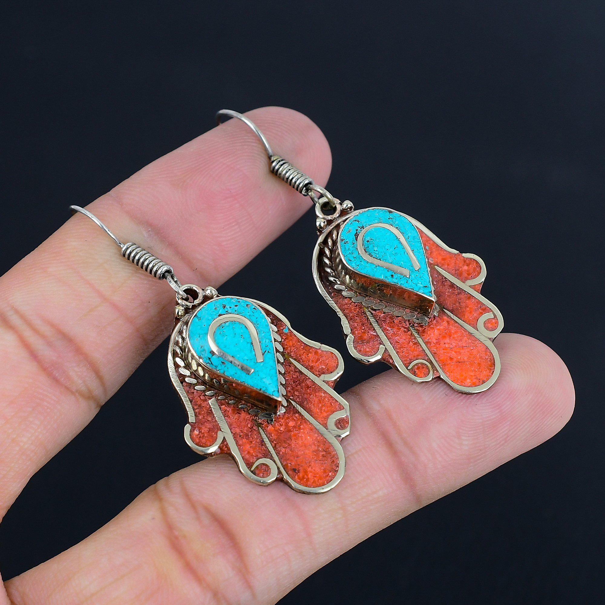 Boucles D'oreilles Vintage Tibétaines Argent Sterling 925 - Corail, Turquoise, Fait Main