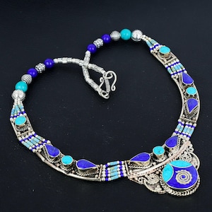 Lapis Lazuli Turquoise Tibetan Silver Necklace: Handmade Boho Jewelry