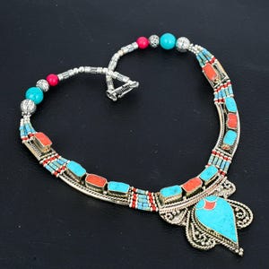 Turquoise With Red Coral Necklace Tibetan Silver Necklace Handmade Jewelry Nepali Bohemian Necklace Unique Design Necklace Best Gift For Mom