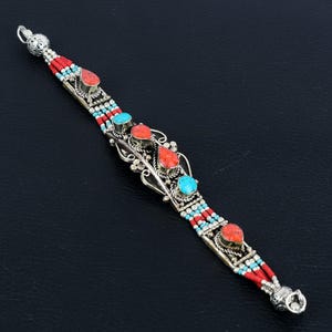 Red Coral With Turquoise Bracelet Tibetan Silver Bracelet Handmade Jewelry Asian Design Nepalese Bracelet Bohemian Jewelry Best Gift For Mom