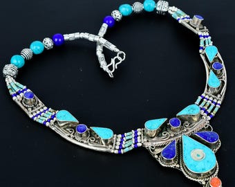 Collier en argent tibétain lapis et corail turquoise : bijoux ethniques bohèmes