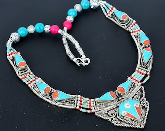 Turquoise & Red Coral Tibetan Silver Necklace: Handmade Bohemian Jewelry