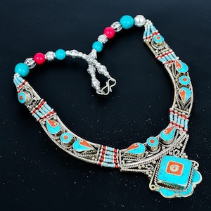 Red Coral Necklace Turquoise Necklace 925 Sterling Silver Necklace Handmade Jewelry Nepali Necklace Bohemian Tibetan Jewelry Gift For Mother