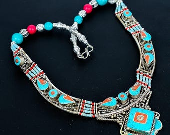 Red Coral Turquoise Necklace: Tibetan Silver Tibetan Bohemian Jewelry