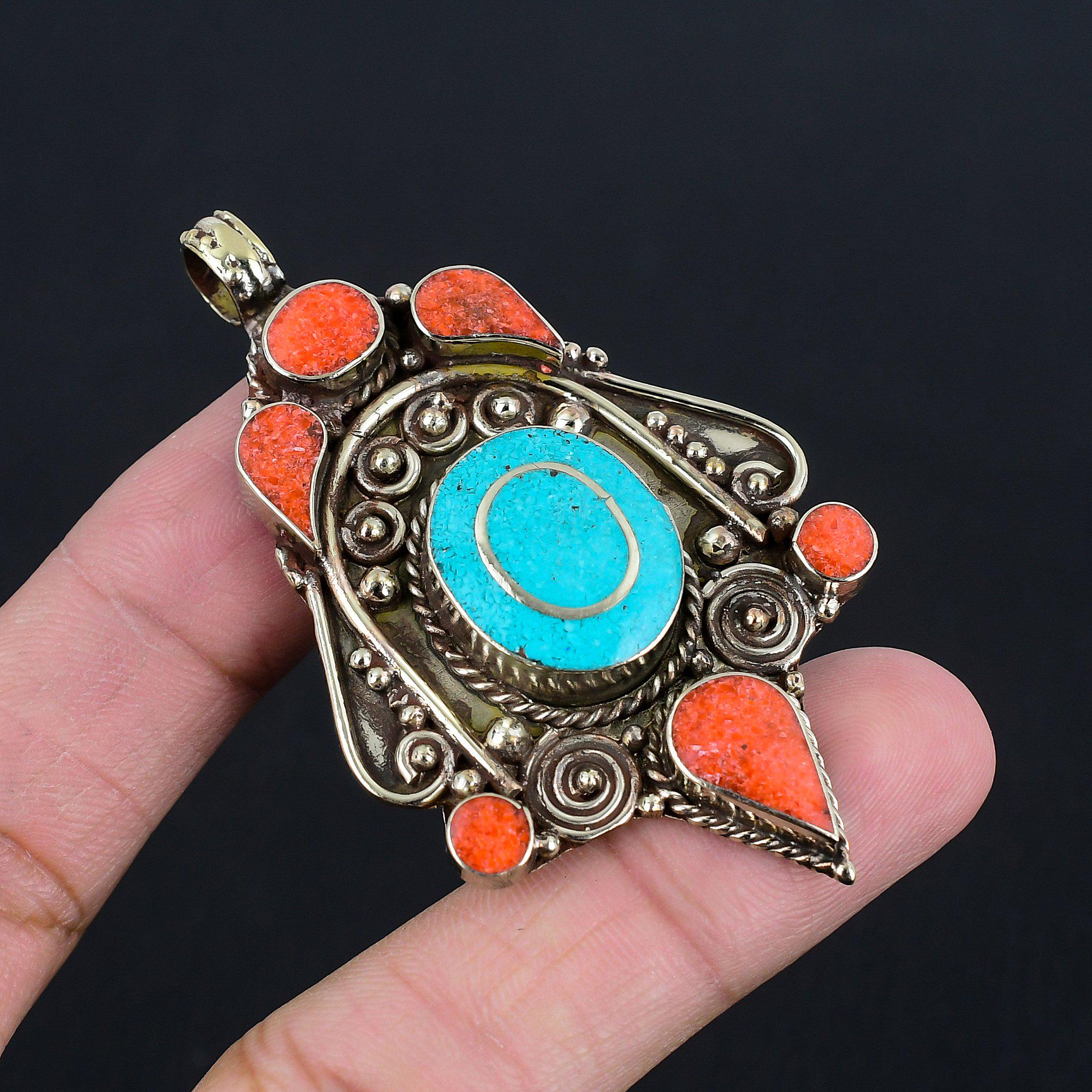 Pendentif Tibétain En Argent 925 Avec Corail Jaune Et Turquoise - Neuf Sans Emballage