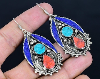 Boucles D'oreilles Vintage Argent 925 Turquoise Corail - Bijou Tibétain Artisanal