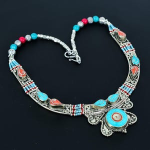 Turquoise Necklace Red Coral Necklace Tibetan Silver Necklace Bohemian Necklace Nepali Asian Jewelry Handmade Necklace Special Gift For Wife