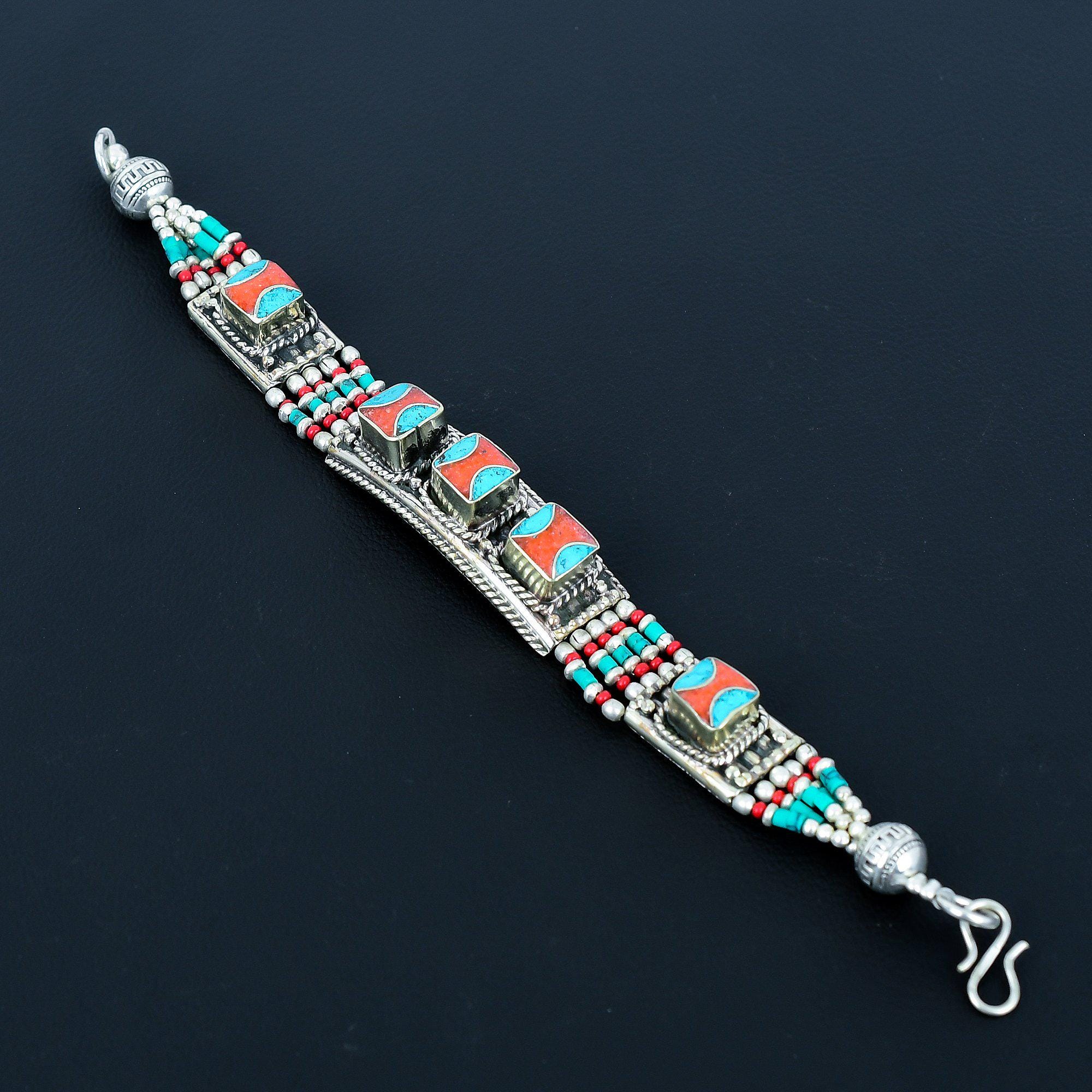 Red Coral Turquoise Tibetan Silver Bracelet: Handmade Nepal