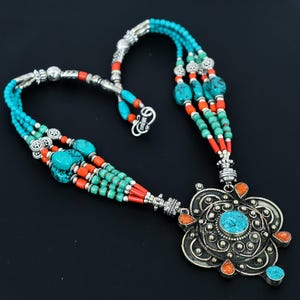Handmade Tibetan Silver Necklace: Turquoise & Coral Beaded Afghani Jewelry