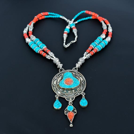 Handmade Coral Turquoise Tibetan Silver Necklace: Afghani Tribal