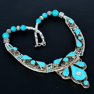 Tibet Turquoise Necklace Tibetan Silver Necklace Handmade Necklace Turquoise Jewelry Southwestern Jewelry Nepalese Bohemian Necklace For Mom