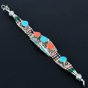 Turquoise Bracelet Red Coral Bracelet Tibetan Silver Bracelet Handcrafted Jewelry Beautiful Nepali Bracelet Bohemian Jewelry Gift For Sister