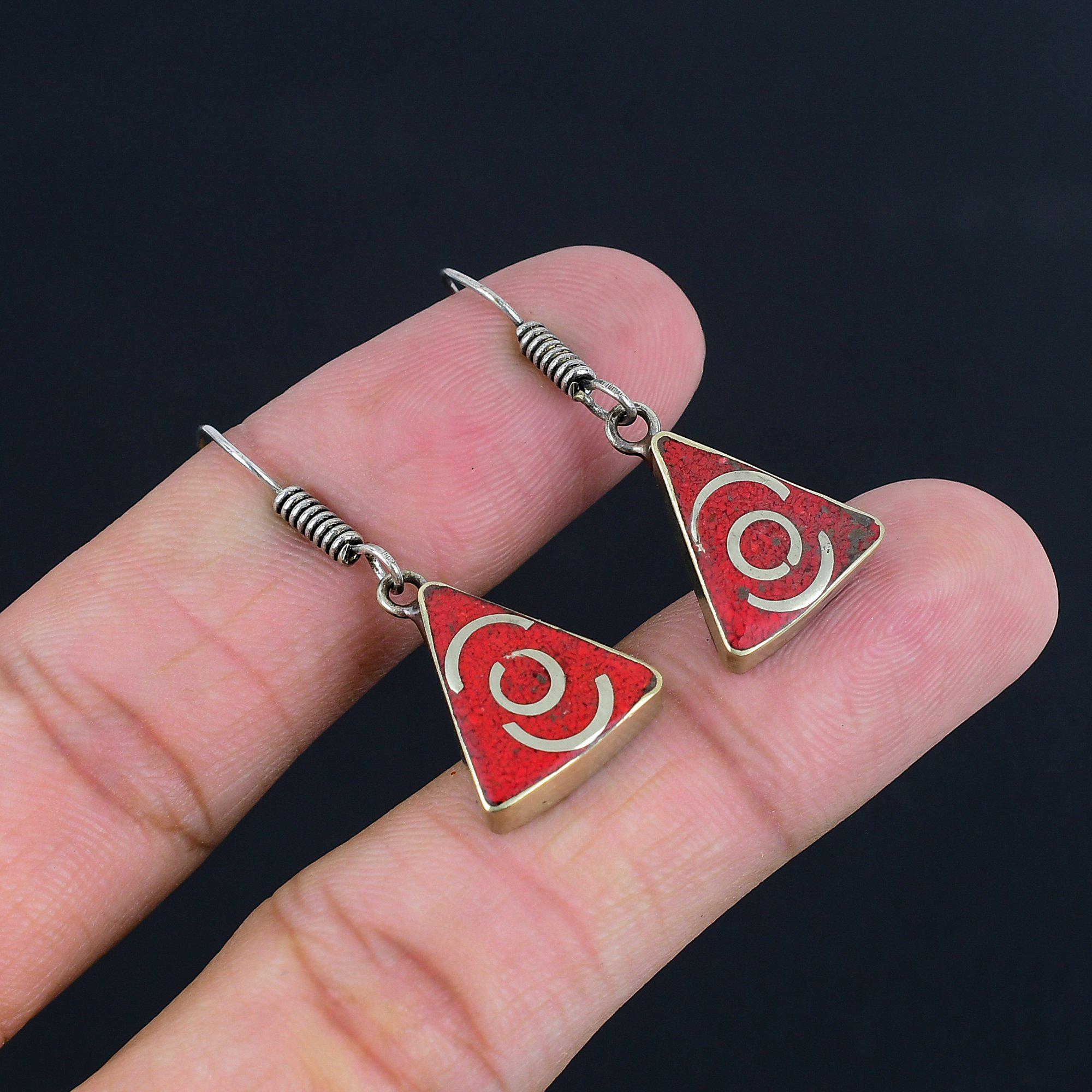 Handmade Red Coral Tibetan Silver Earrings: Nepali Dangle Jewelry