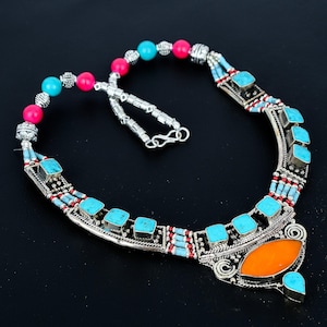Coral Turquoise Tibetan Silver Necklace: Handmade Tribal Charm Jewelry