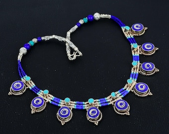 Collier Népalais En Argent Sterling 925 - Turquoise Tibétaine Naturelle - Longueur 18 Pouces - Fait Main - Neuf Sans Emballage