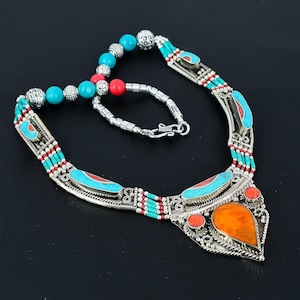 Yellow & Red Coral Necklace Turquoise Necklace Tibetan Silver Necklace Handmade Tibetan Traditional Necklace Statement Jewelry Gift For Wife