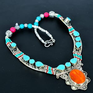 Yellow Coral & Turquoise Tibetan Silver Necklace: Handmade Statement Jewelry