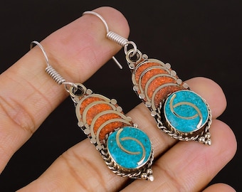 Red Coral, Turquoise Tibetan Silver Earrings: Handmade Dangle & Drop Unique Nepalese Earrings Jewelry NE-5442