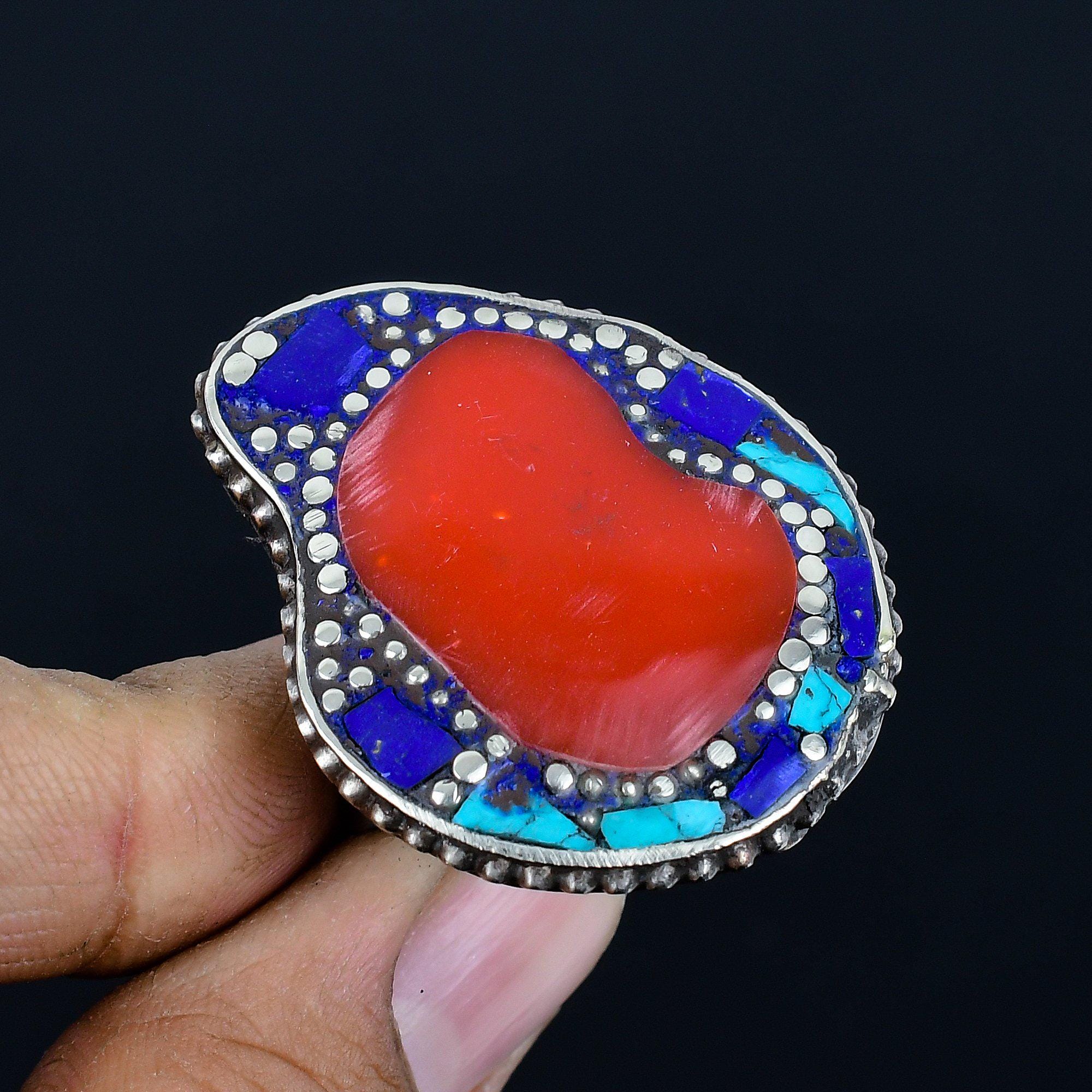 Bohemian Red Coral, Turquoise, Lapis Lazuli Adjustable Ring